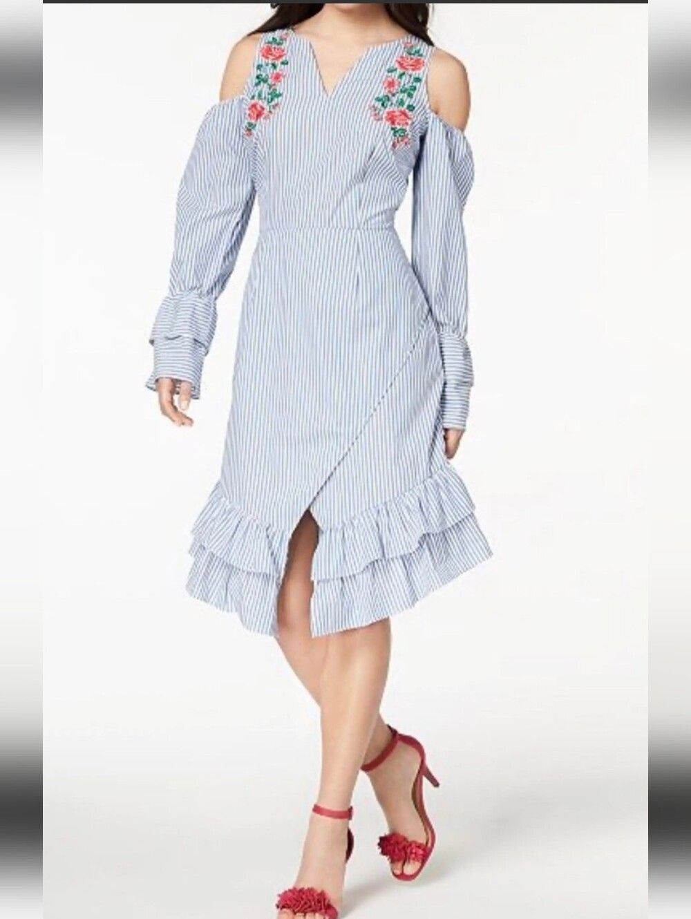 XOXO Blue & White Striped Cold-Shoulder Dress with Floral Embroidery Sz M